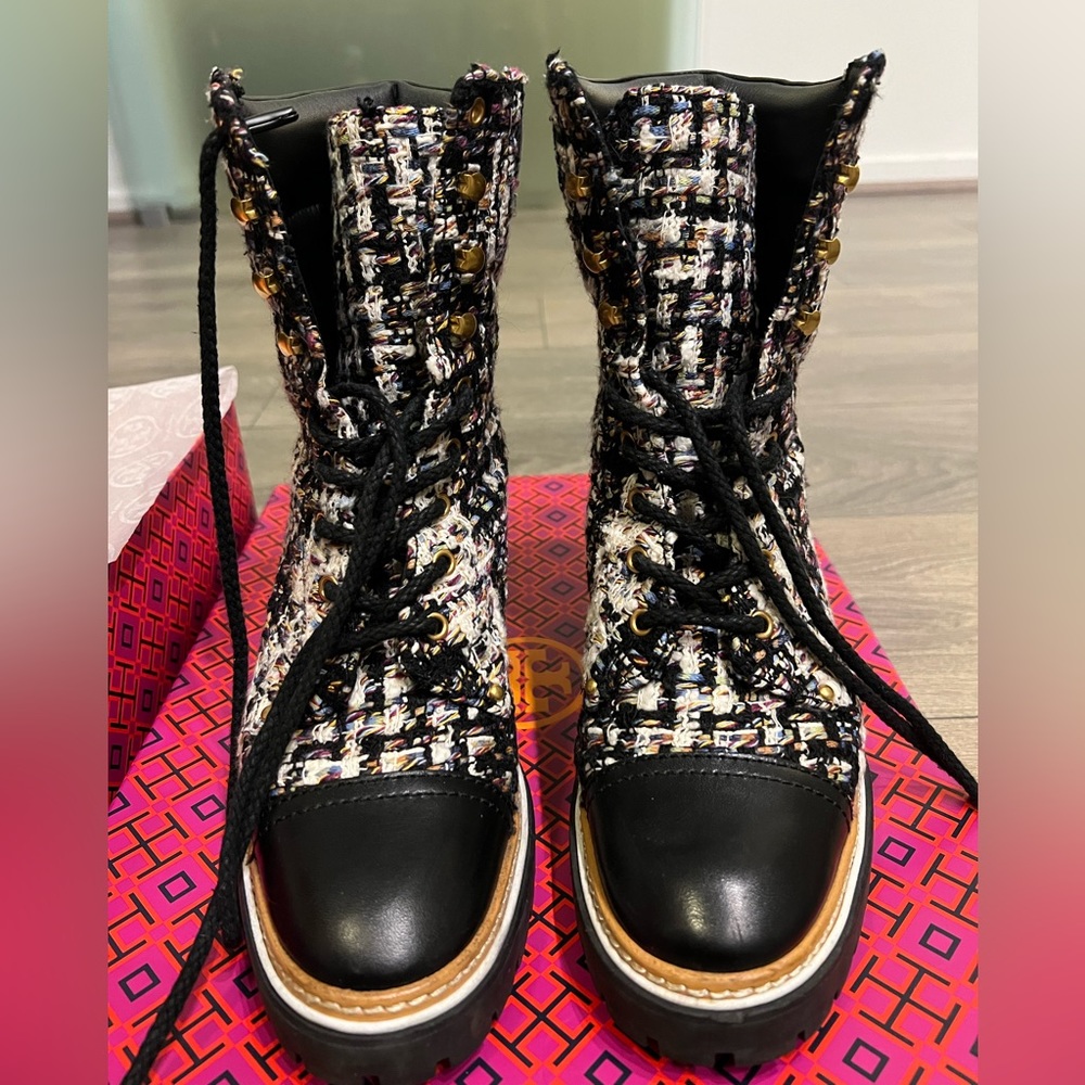 Tory Burch 60mm Lug Sole Bootie, Stripped Tweed/Perfect Black color